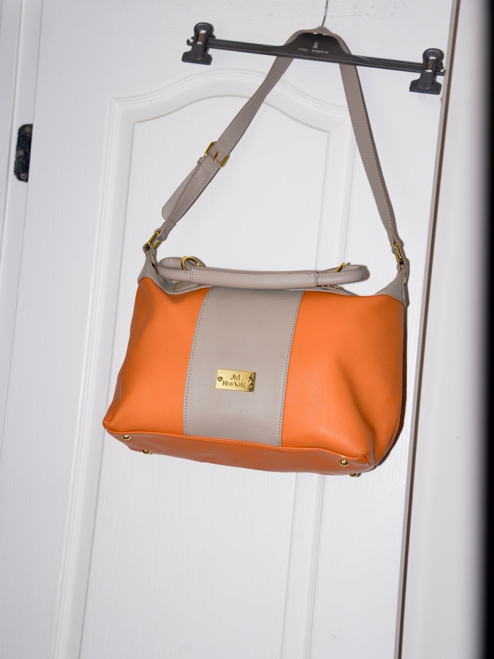 SM New York Orange and Taupe Leather Shoulder Bag